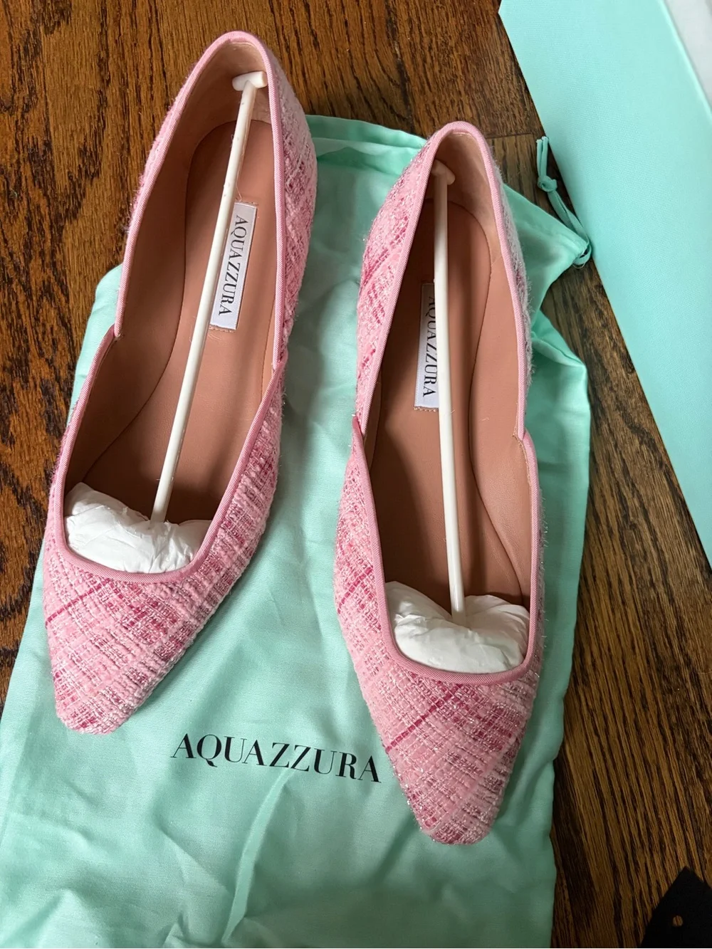 Aquazzura Maia Pink Tweed Pointed Flats with Silver Accent